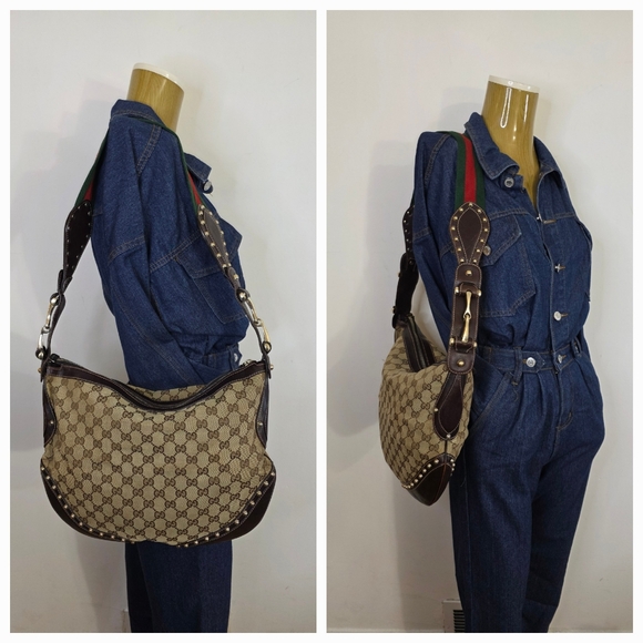 Gucci Handbags - Gucci Beige Monogram Hobo Bag with Green-Red Stripe - Authenticated